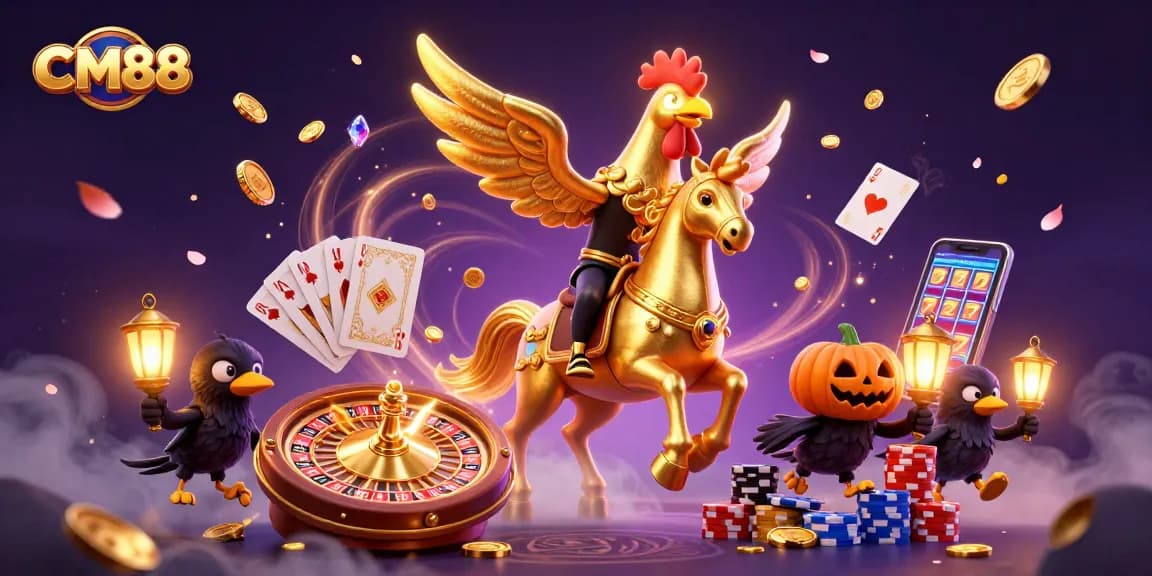 Join CM88 in a vibrant midnight casino, featuring golden coins, roulette, and dynamic game elements.