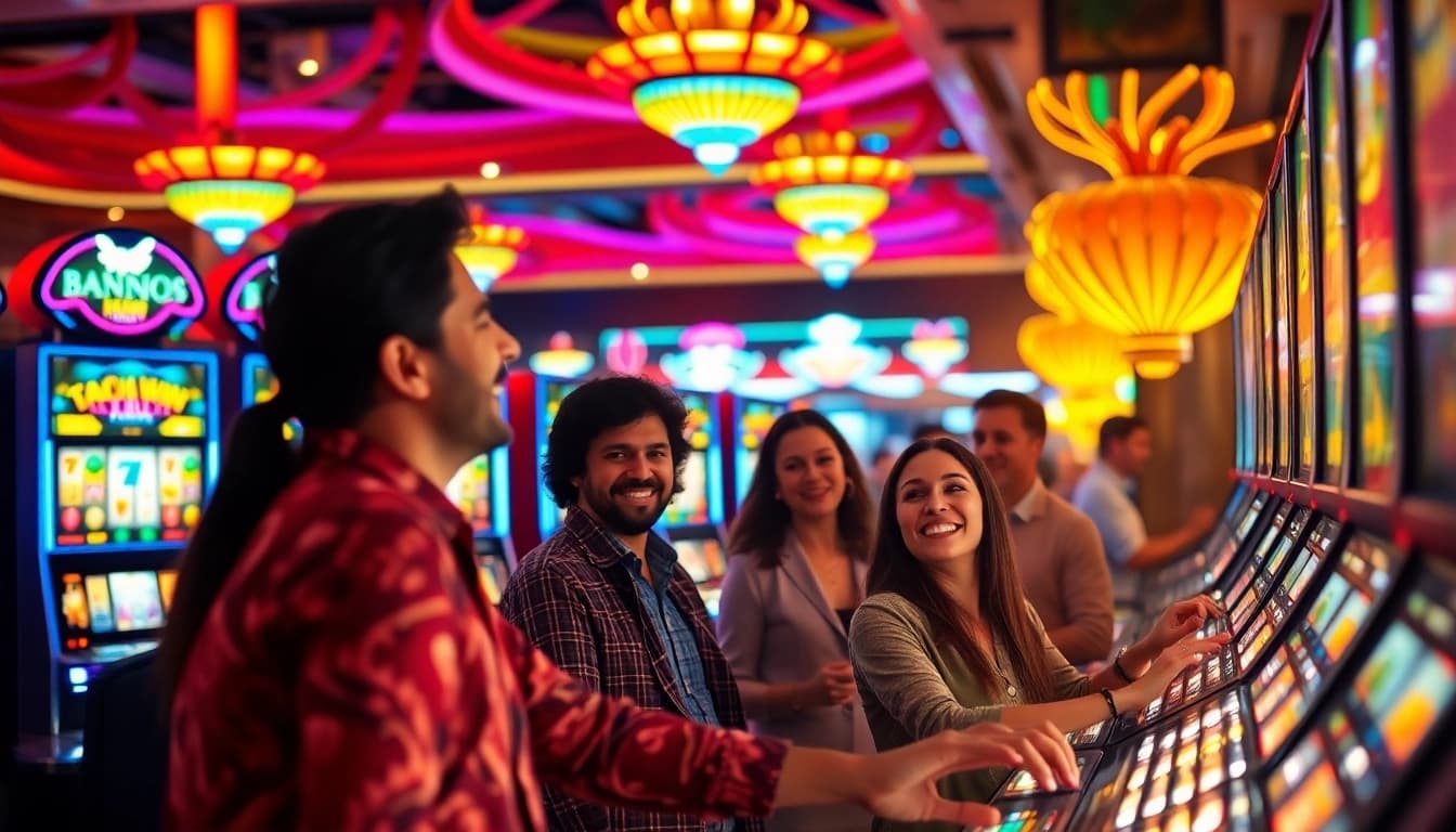 Menang besar pada slot online di kasino, menggambarkan kebahagiaan pemain dengan suasana cerah.
