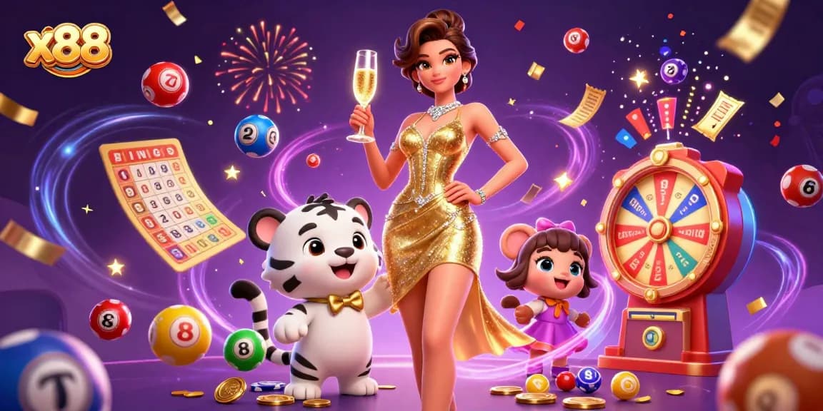 X88 engages players with vibrant energy, featuring a glamorous woman and lucky tiger in a festive casino scene.
