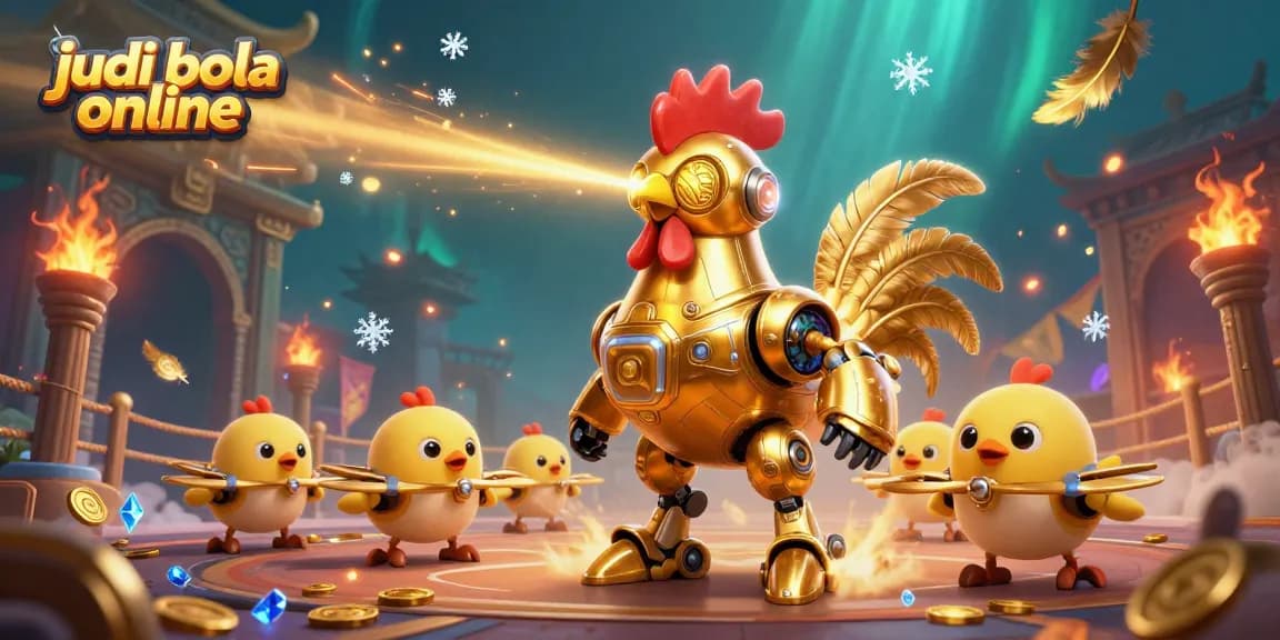Engage in judi bola online with vibrant visuals of a golden rooster robot and baby chick drones in action.
