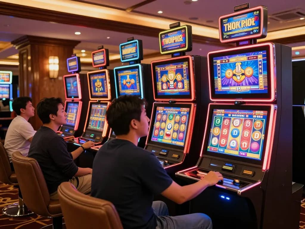Engaged players enjoying link slot games at vibrant casino machines