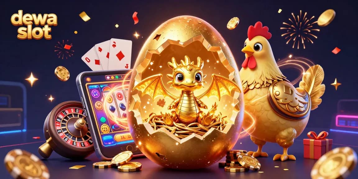 Dewa slot game scene with a golden dragon on poker chips, celebrating with vivid casino elements.