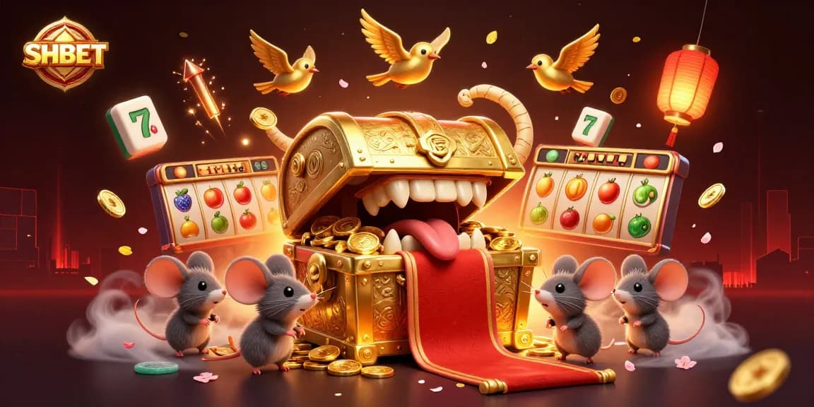 Engage with SHBET's vibrant online casino experience featuring golden treasure chests, slot reels, and festive decorations.