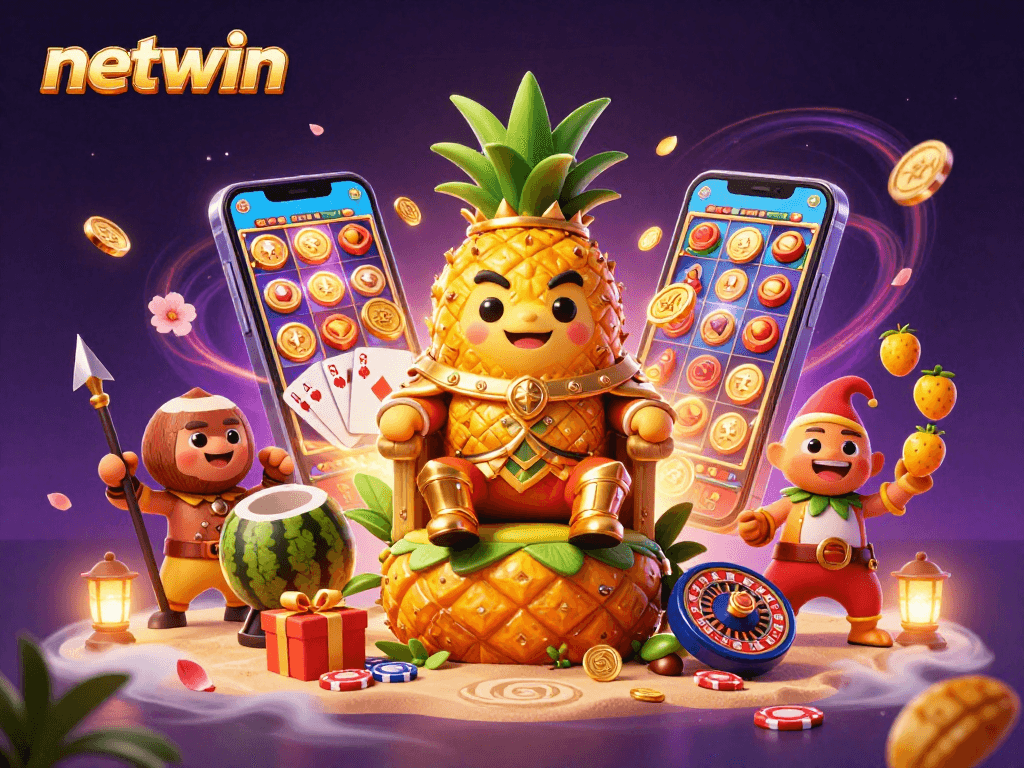 Engage with netwin's vibrant casino scene featuring a golden pineapple king and dynamic slot gaming action.