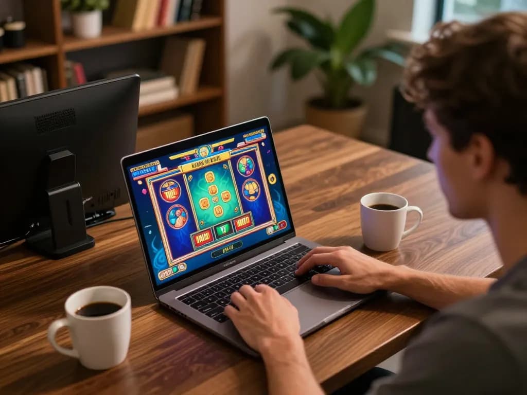 Player exploring diverse games on luckyindex platform, engaging in strategic slot gameplay at home