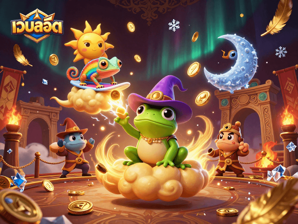Engage in เว็บสล็อต action with golden coins and magical creatures in a vibrant 3D casino scene.