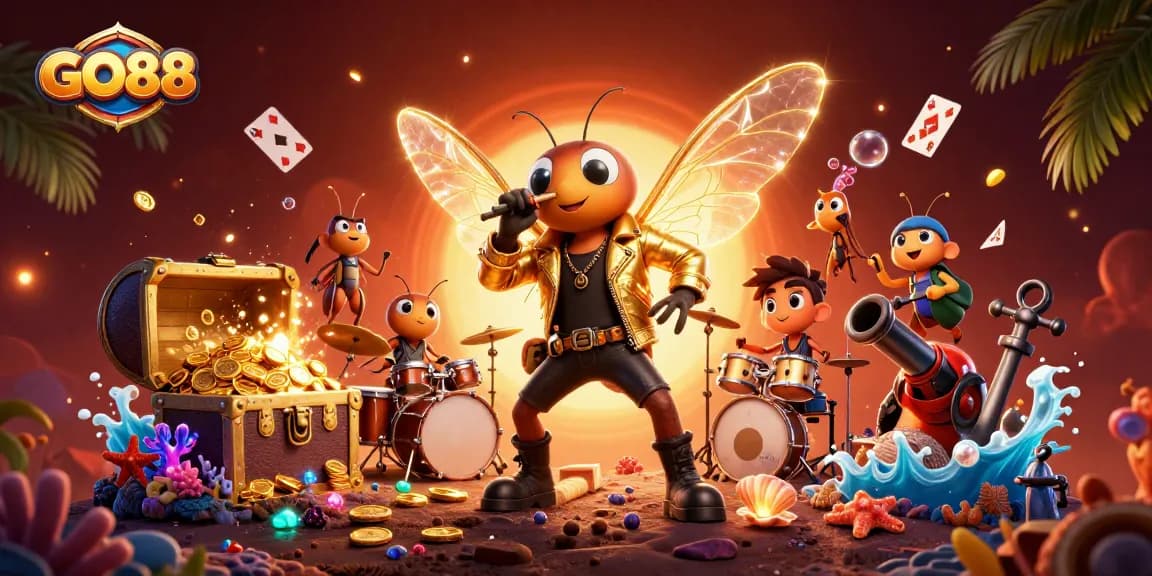 Engage with GO88 through an exciting gaming adventure featuring a vibrant scene of characters and treasure.