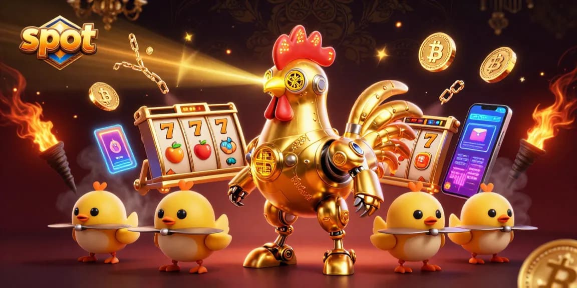 Mesin slot yang menarik dengan simbol beruntung dan jackpot disebutkan oleh robot ayam berteknologi tinggi.
