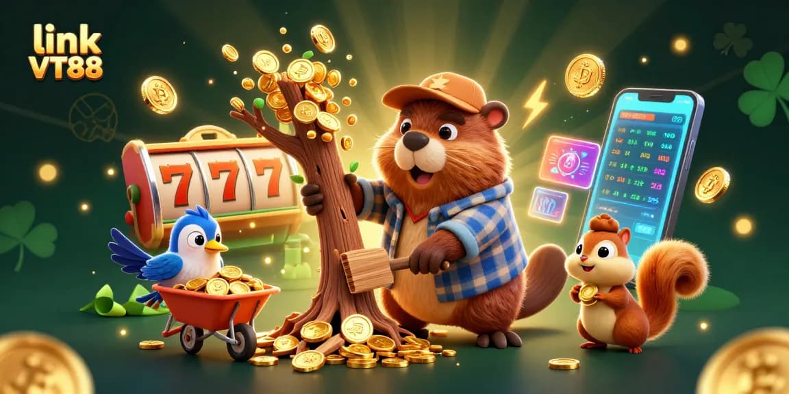 Spin the reels with link VT88 in this vibrant 3D illustration filled with golden coins and casino excitement.