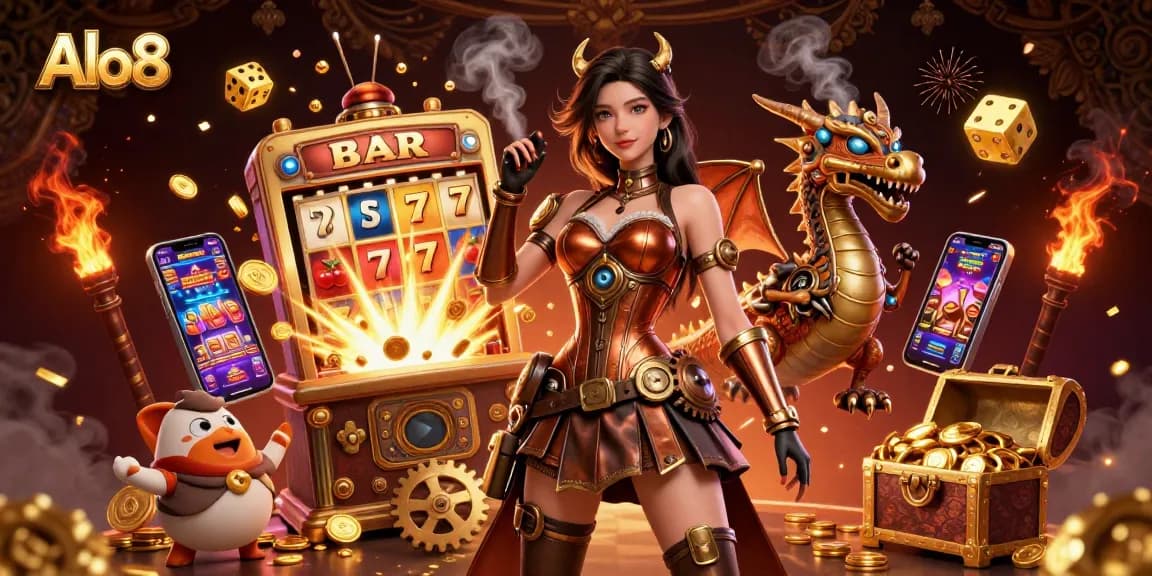 Alo8 showcases dynamic gambling action with a stunning woman, a clockwork dragon, and jackpot elements.