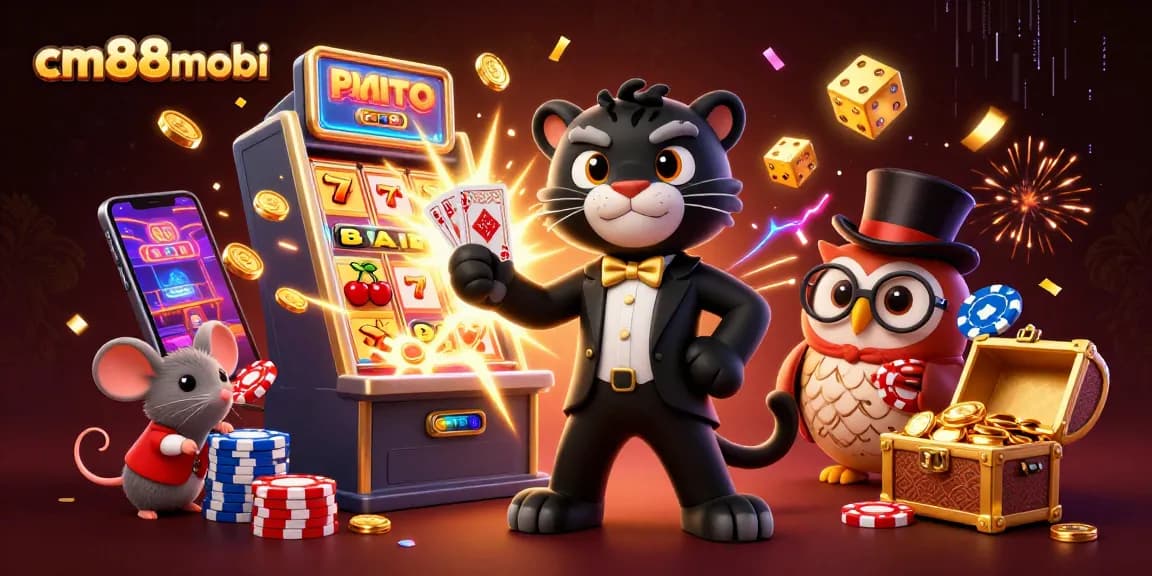 Experience exciting games at cm88mobi with a vibrant 3D casino scene featuring the black panther dealer.