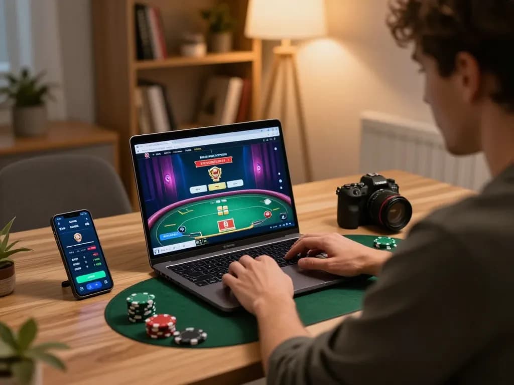 33win player concentrating on poker strategy while gaming online, vibrant screen view, warm home setting.
