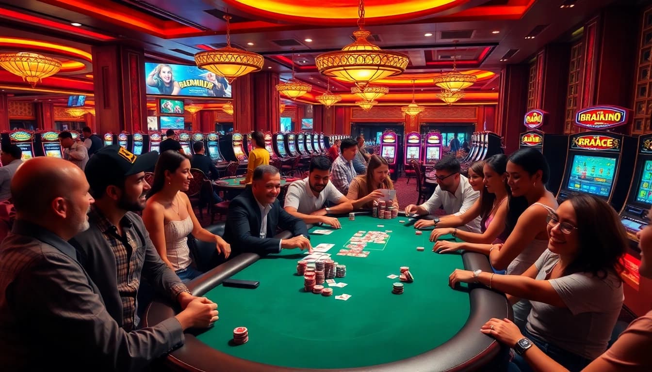 Excited players engaging at BRO138's luxurious casino tables, showcasing vibrant gambling atmosphere.