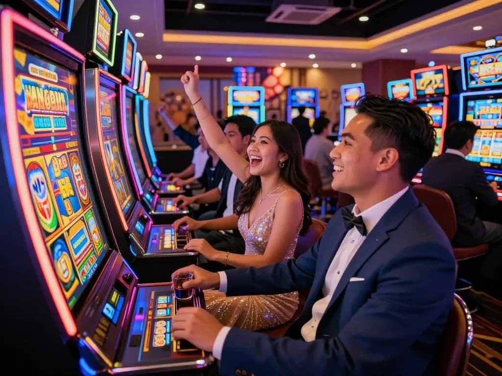 Pemain slot gacor menikmati suasana kasino yang meriah dengan mesin yang berwarna-warni.