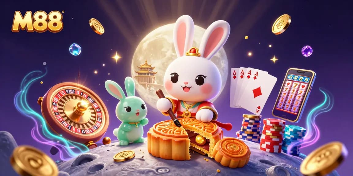 M88 offers exciting online gambling with golden mooncakes revealing poker chips in a vibrant casino scene.