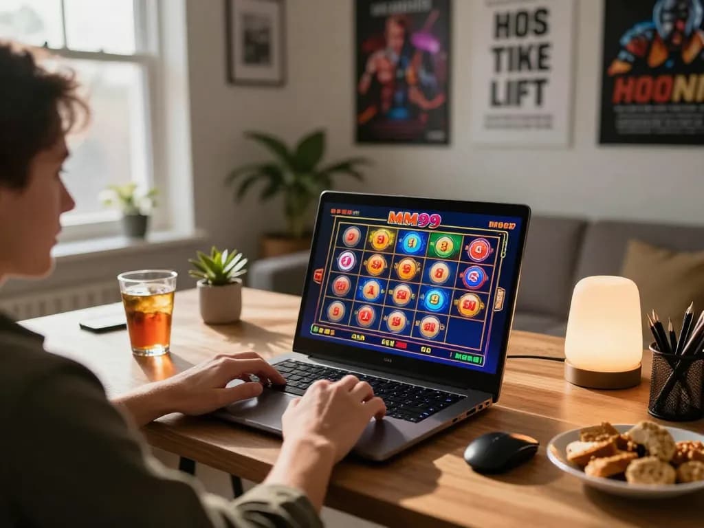 Engaging gameplay of MM99 Slot on a laptop in a cozy home office setting