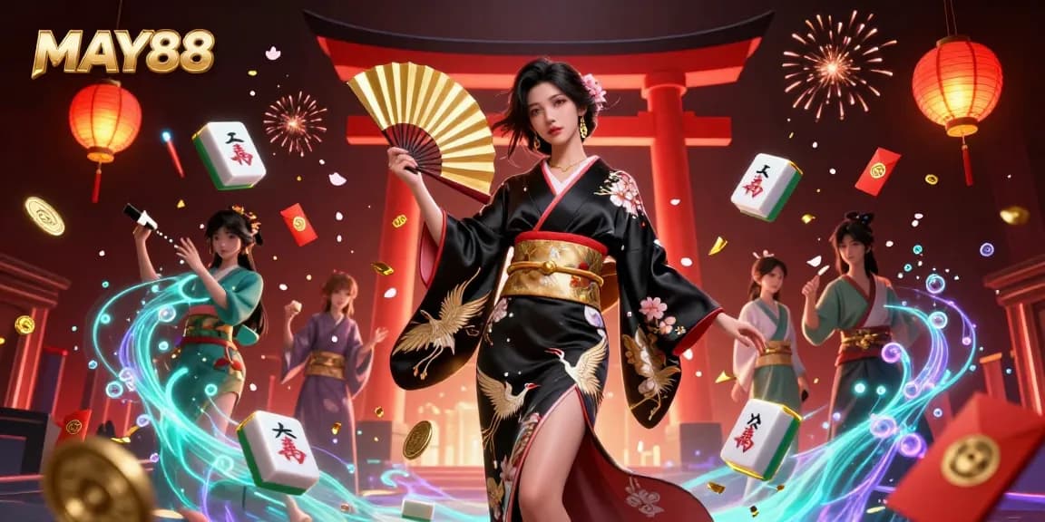 MAY88 soars with colorful casino elements, featuring an elegant Asian woman amid festive gambling motifs.