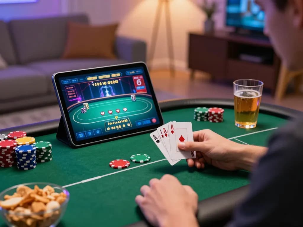 Engaging poker gameplay featuring TT88 strategy on tablet in cozy home setting