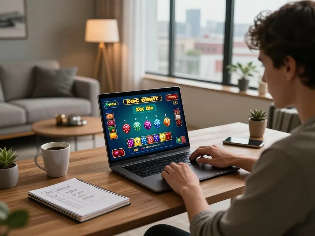 xóc đĩa online player engaged in a thrilling game at home, highlighting strategic gameplay.