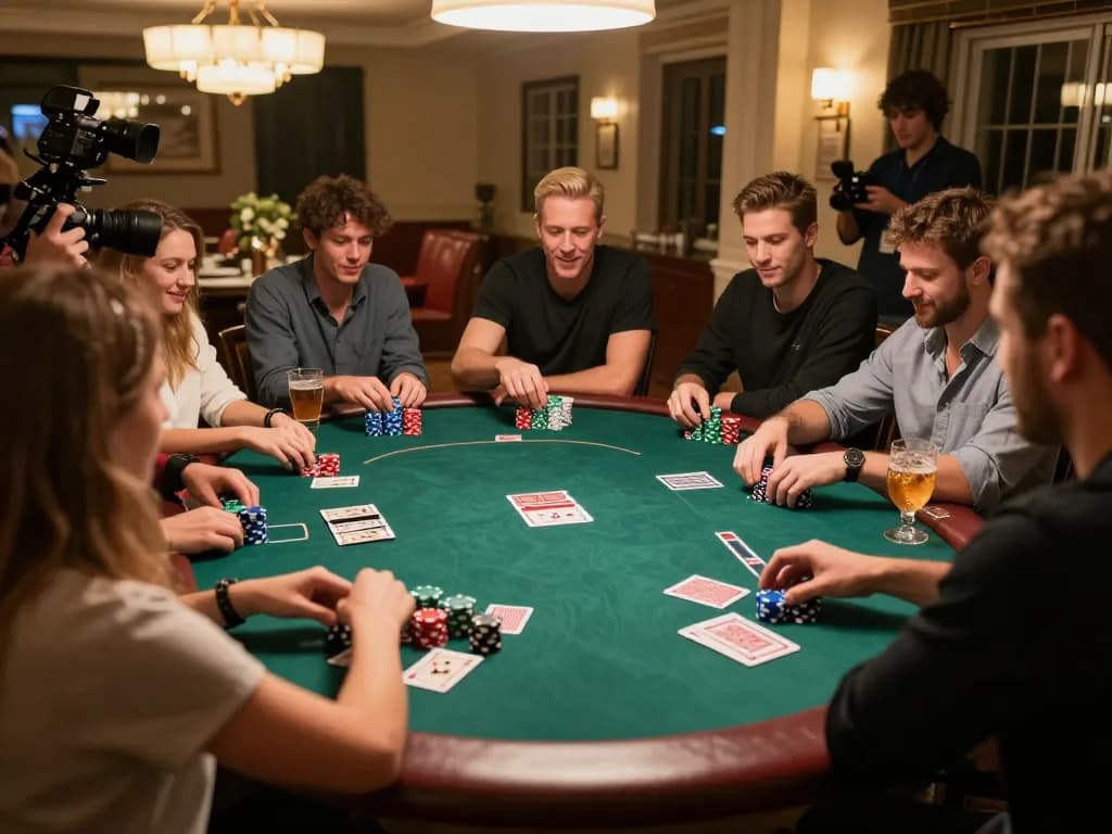 Players strategizing during a lively home poker game, showcasing 3win com's engaging gameplay.