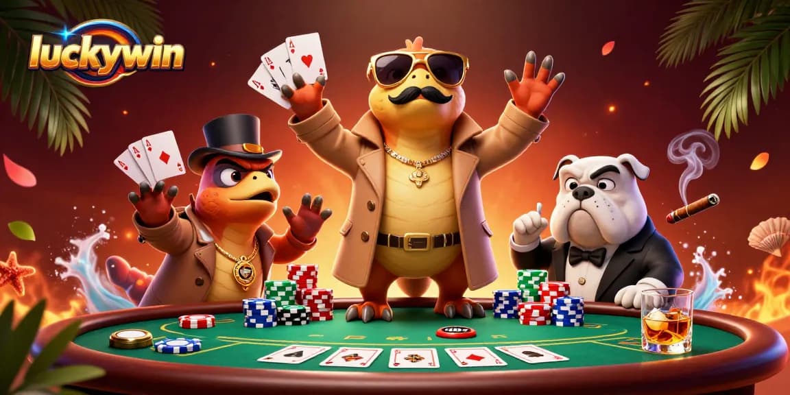 Experience luckywin excitement with three cartoon raptors disguised as players entering a casino with poker elements.