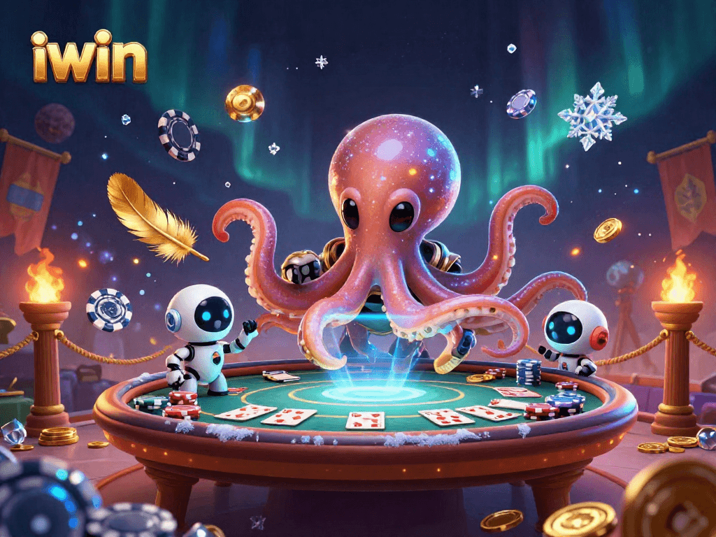 Play poker with the iwin alien octopus at a holographic table surrounded by cosmic chips.