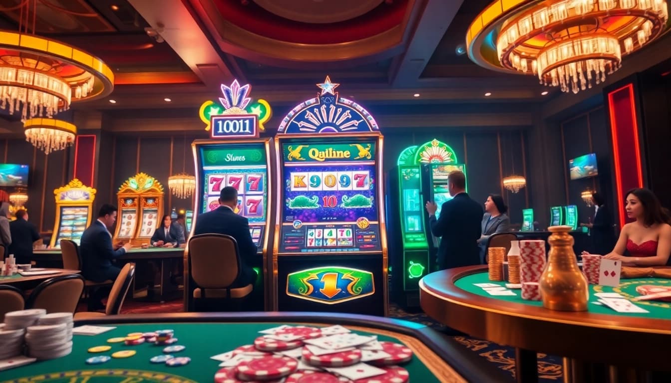 Enjoy thrilling gameplay at the qqmacan slot machine surrounded by excited players in a vibrant casino atmosphere.