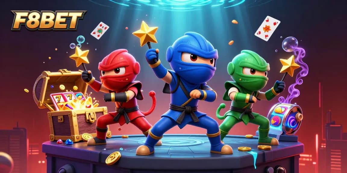 F8BET showcases a 3D illustration of ninja chameleons amidst a vibrant gaming scene filled with dynamic elements.