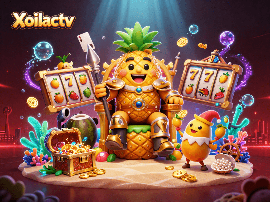 Xoilactv's vibrant beach casino scene showcases a golden pineapple king and his colorful entourage enjoying interactive slots and treasures.