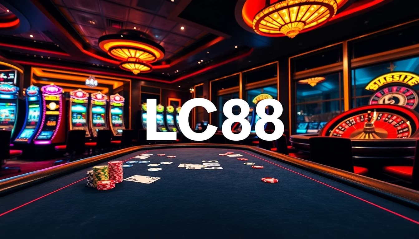 Engage in the excitement of LC88 with a vibrant casino scene featuring poker chips and roulette.
