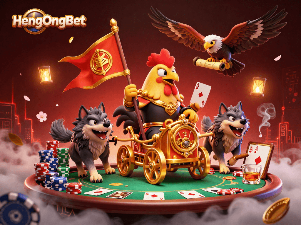 Engage with the HengOngBet scene featuring a cartoon rooster warlord leading a poker night full of excitement.