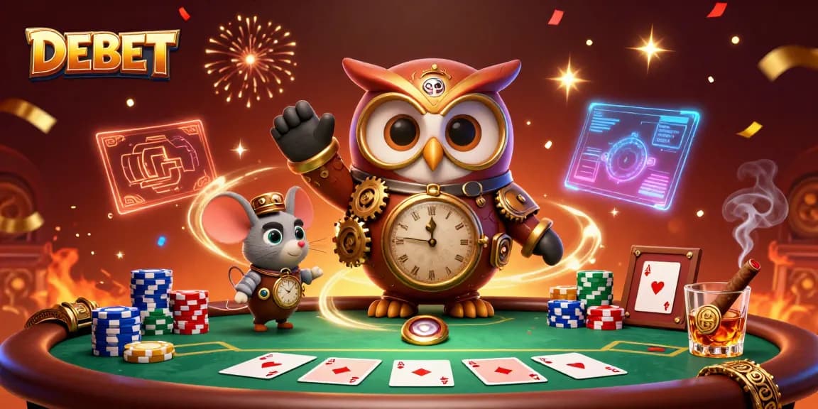 Experience the excitement of gambling with DEBET in a vibrant, detailed 3D casino scene featuring a time-traveling owl.