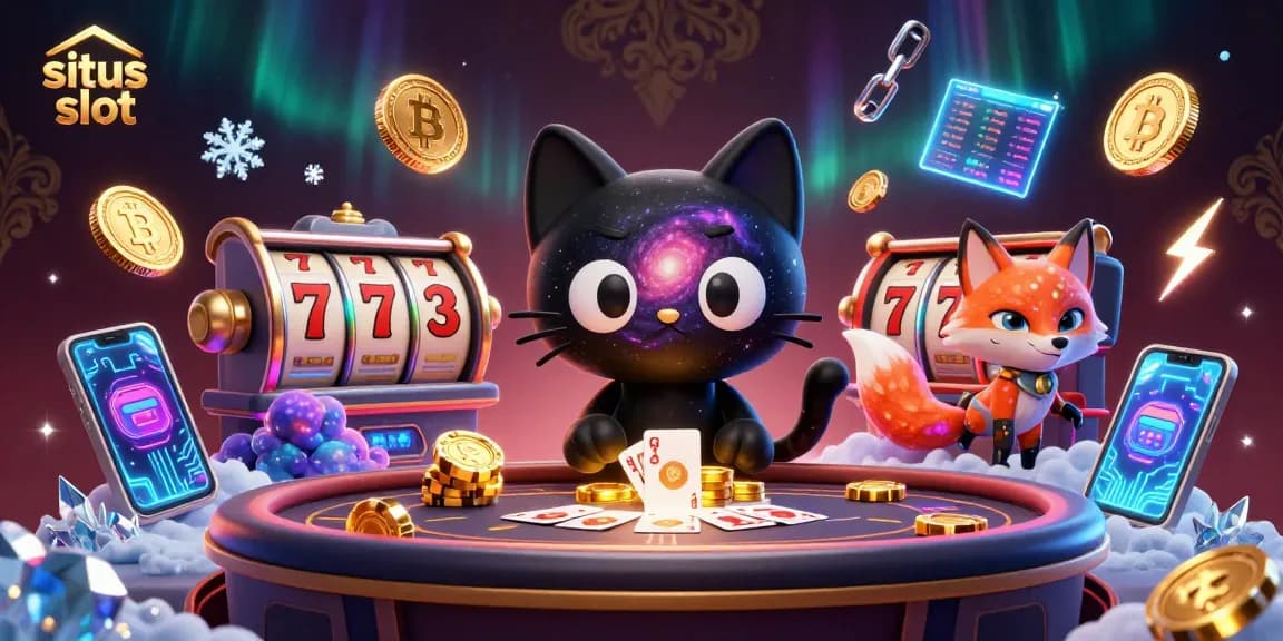 Experience situs slot action with a 3D black hole cat and nebula fox in a vibrant casino setting.