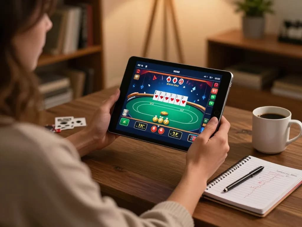 J188 player engaging with online casino games on a tablet, surrounded by strategy notes and warm home lighting.