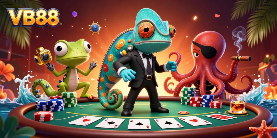 VB88 showcases a vibrant casino scene with chameleon, gecko, and octopus engaging in a high-stakes poker game.
