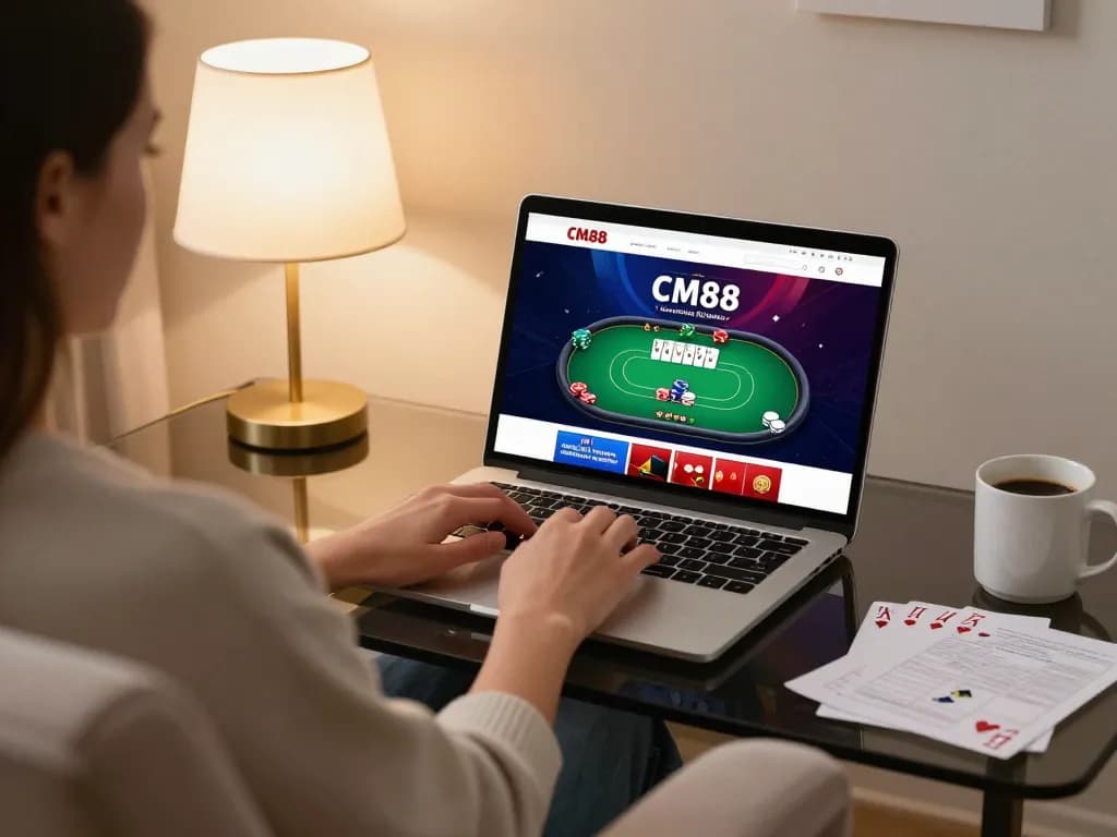 Engaging online gaming moment at CM88 with vibrant poker interface on laptop