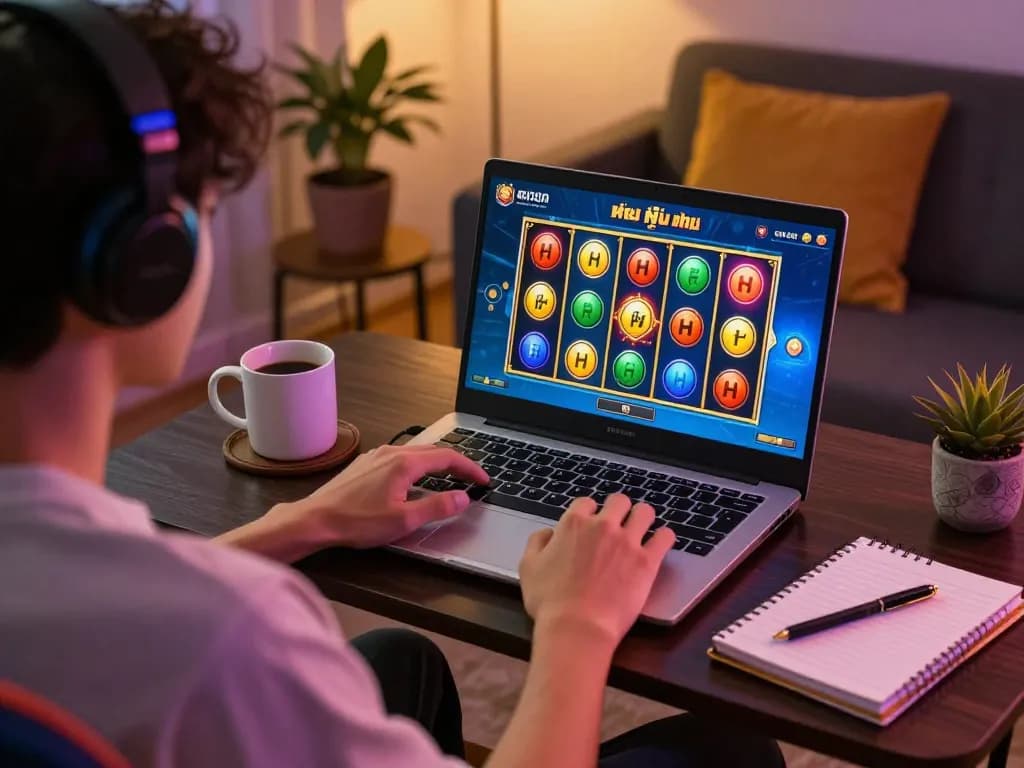 Player enjoying a game nổ hũ on a laptop, engaged in online casino action.