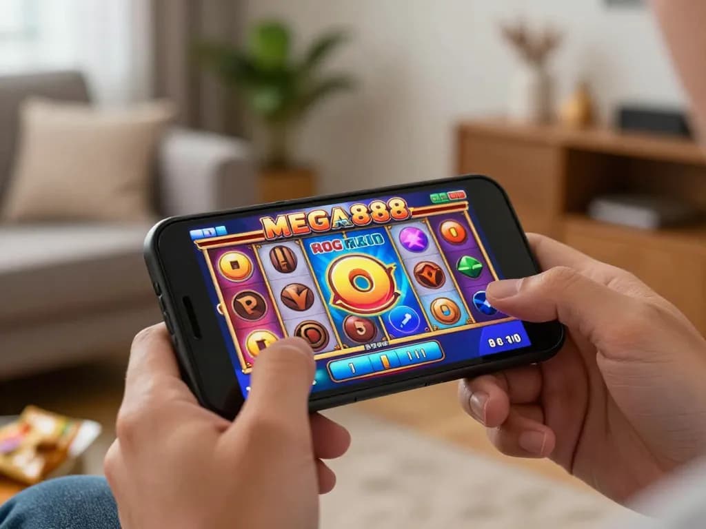 Engaging in free credit mega888 gameplay on smartphone in cozy home atmosphere.