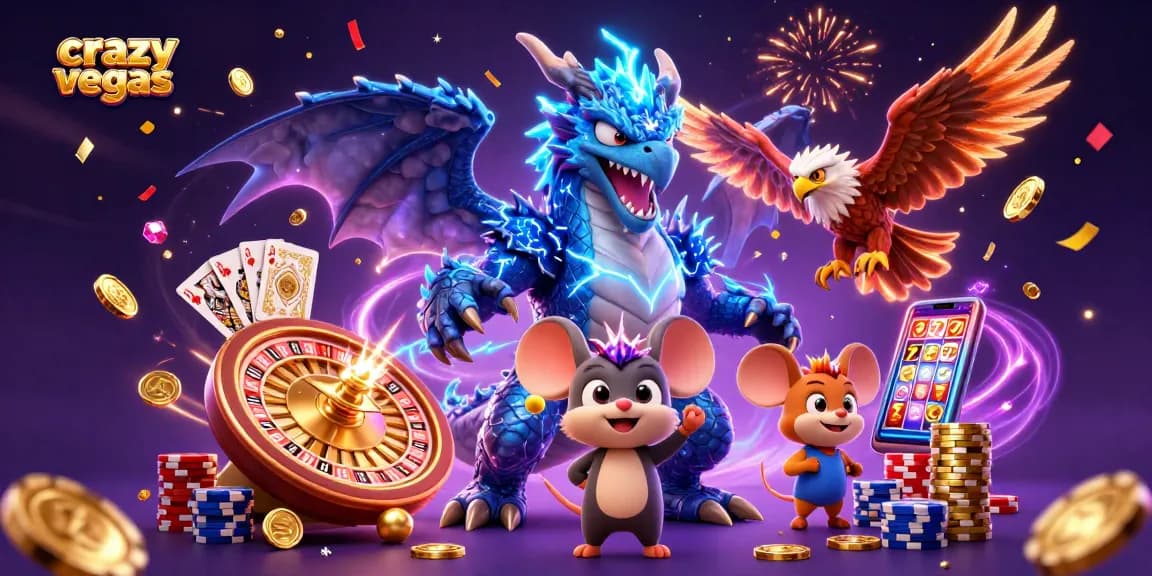 Experience the thrill of crazyvegas with dynamic dragon, hawk, and thunder mouse surrounded by casino treasures.