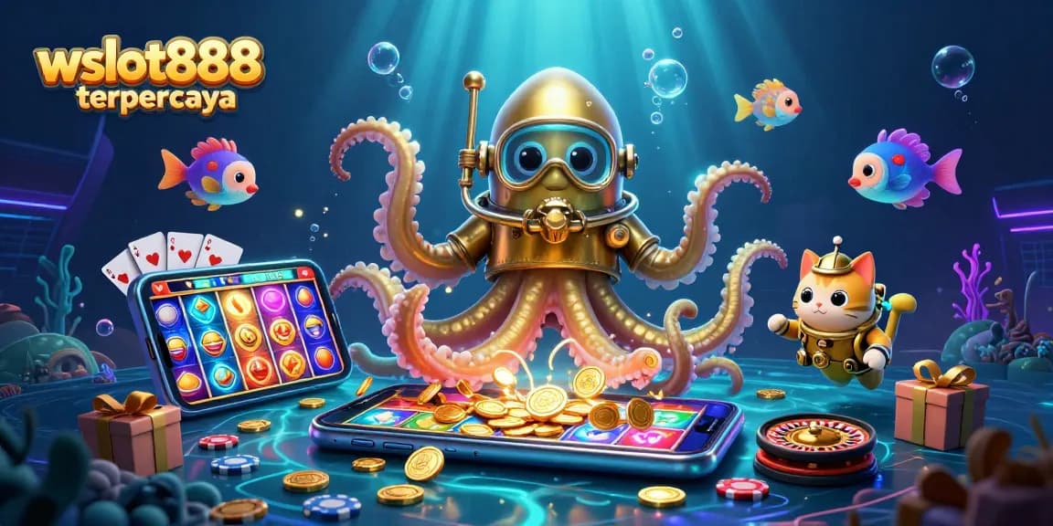 Tangkap momen permainan menang dengan wslot888 terpercaya, menunjukkan kraken besar dan kucing menyelam berselancar di slot jackpot.