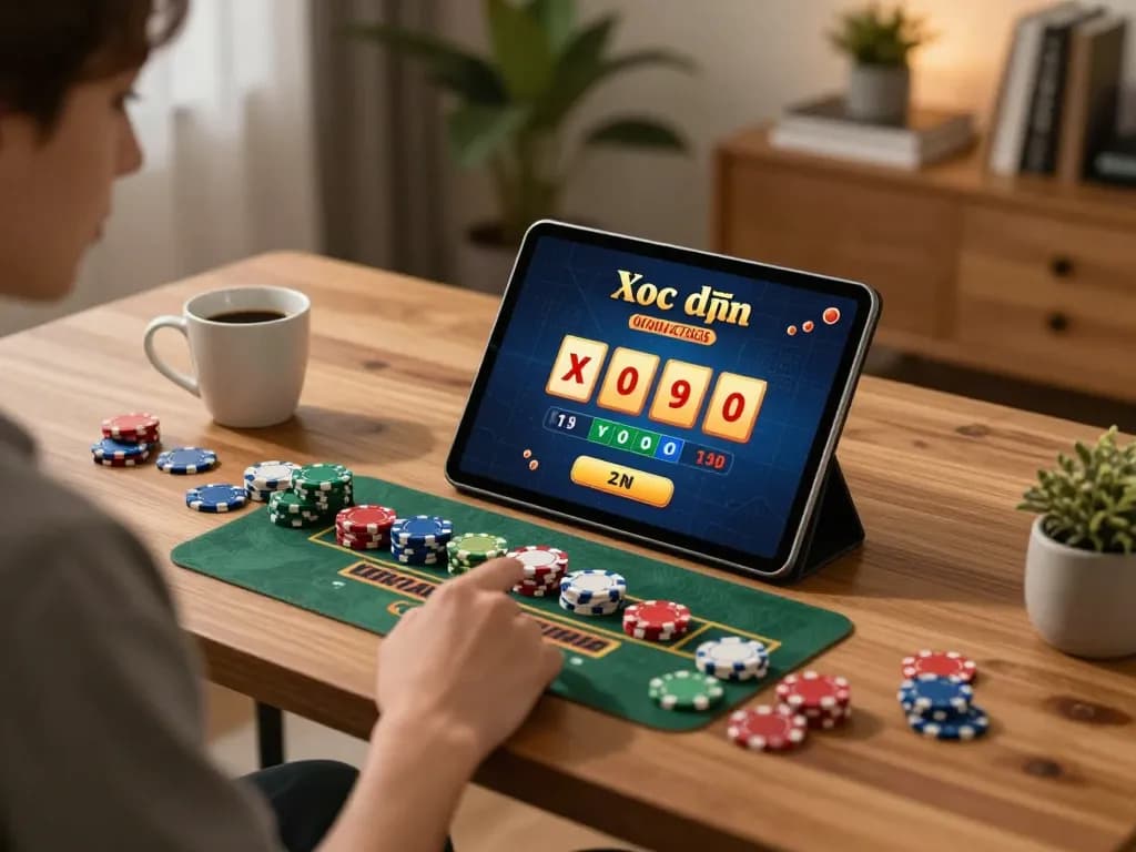 Engaging in xocdiavn online gaming strategically with colorful chips and winning screen.