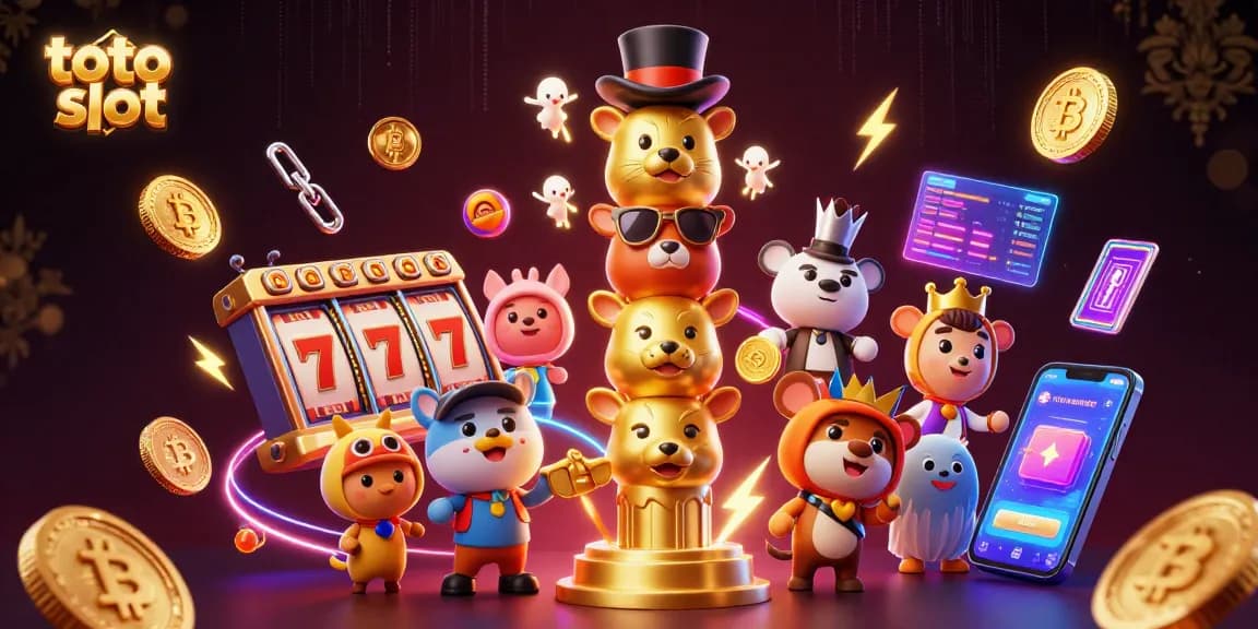 Play exciting toto slot games with vibrant reels and glowing cryptocurrency elements in this dynamic illustration.