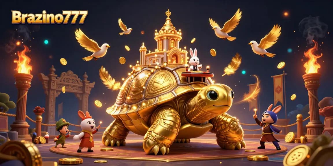 Experience the thrilling world of Brazino777 with a golden tortoise casino illustration showcasing dynamic gaming action.