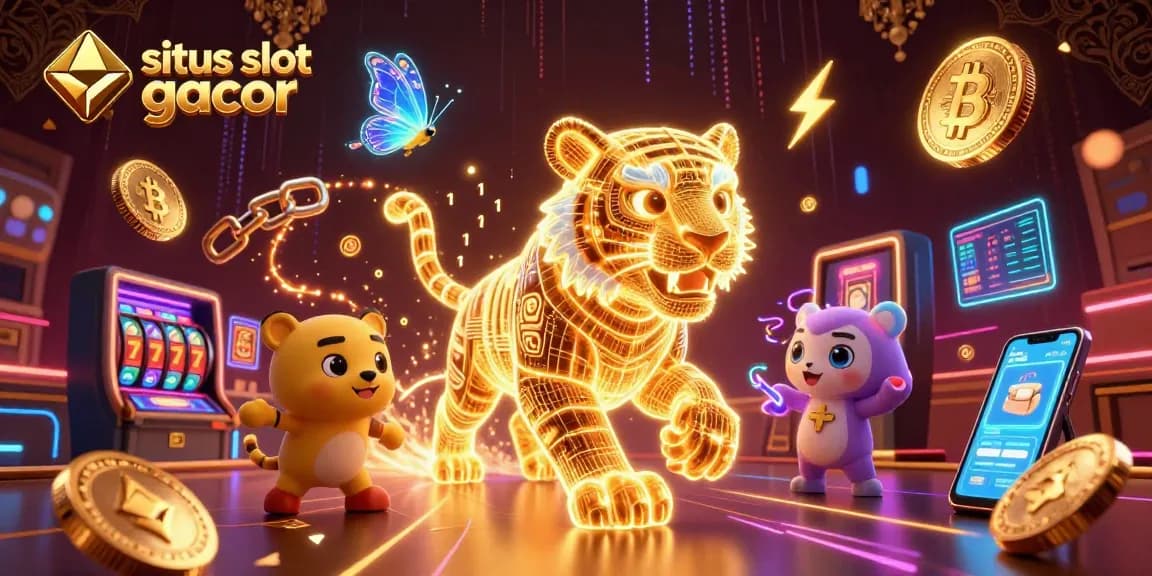 Experience the excitement of situs slot gacor with a vibrant digital casino scene featuring slot reels, neon coins, and energy trails.