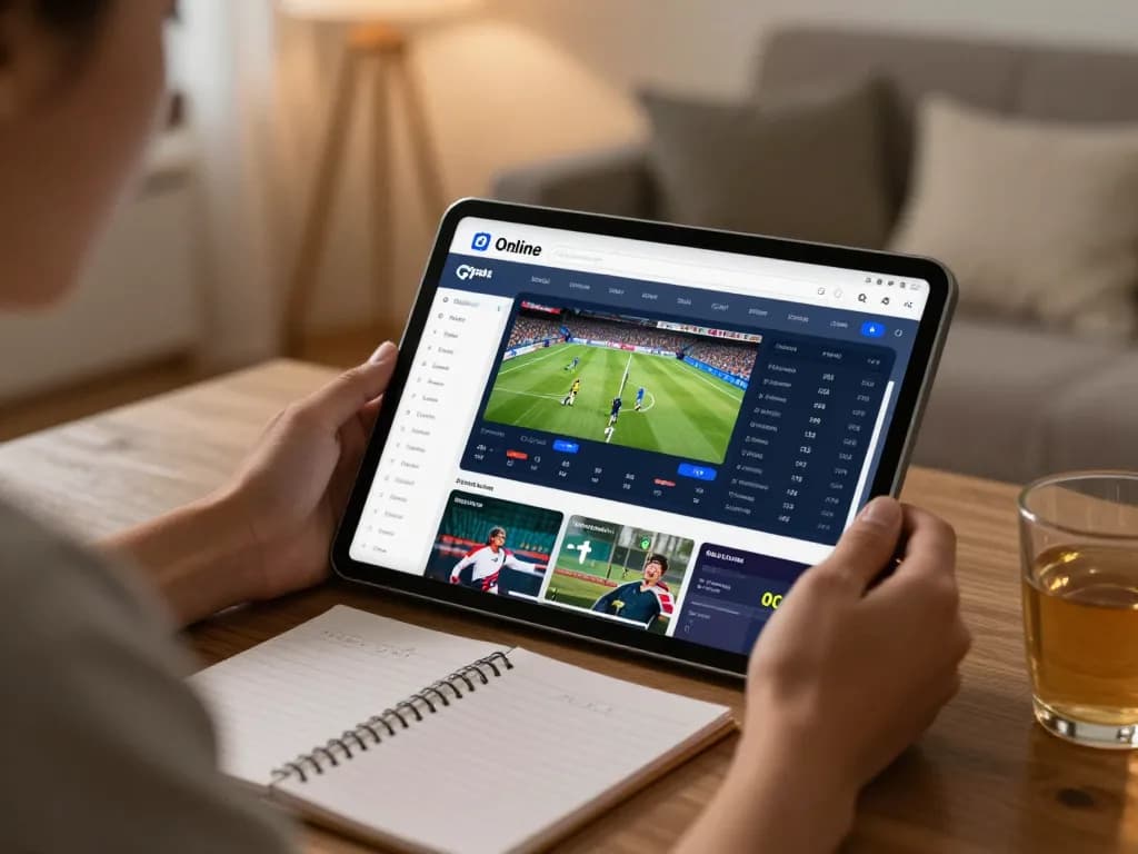 Person using m123 betting app on tablet, analyzing sports odds with drinks nearby.