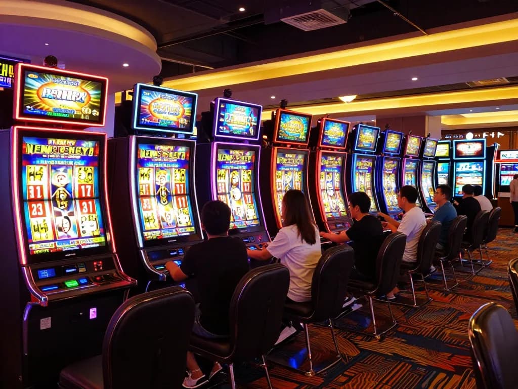 Engaged players celebrating wins on a situs gacor slot machine in a vibrant casino