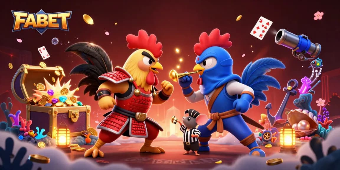 Experience thrilling gambling action with FABET in this dynamic 3D scene featuring fighting roosters.