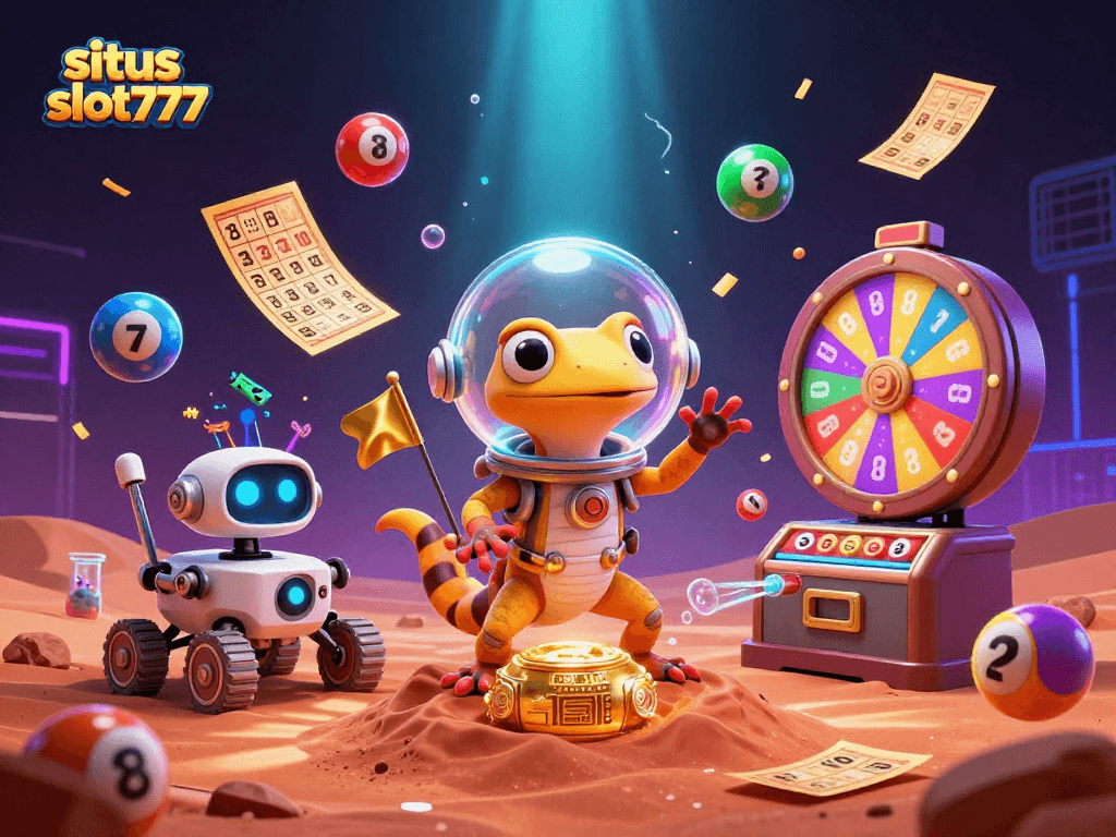 Engage with situs slot777 as a Martian gecko encounters a vibrant casino filled with lottery excitement.