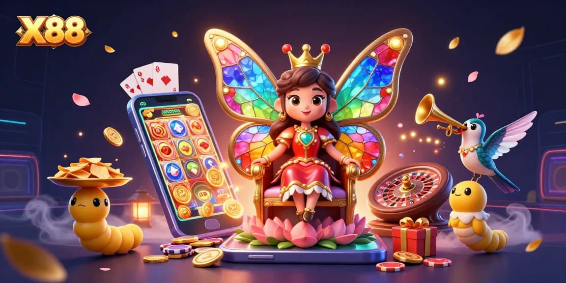 Experience thrilling casino action with X88 as a butterfly queen presides over gaming excitement.