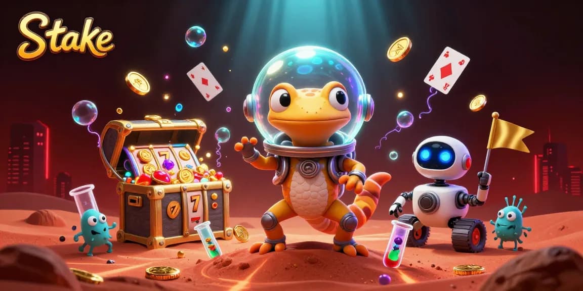 Engage in exciting gameplay at Stake with a Martian gecko discovering treasures in a vibrant casino scene.